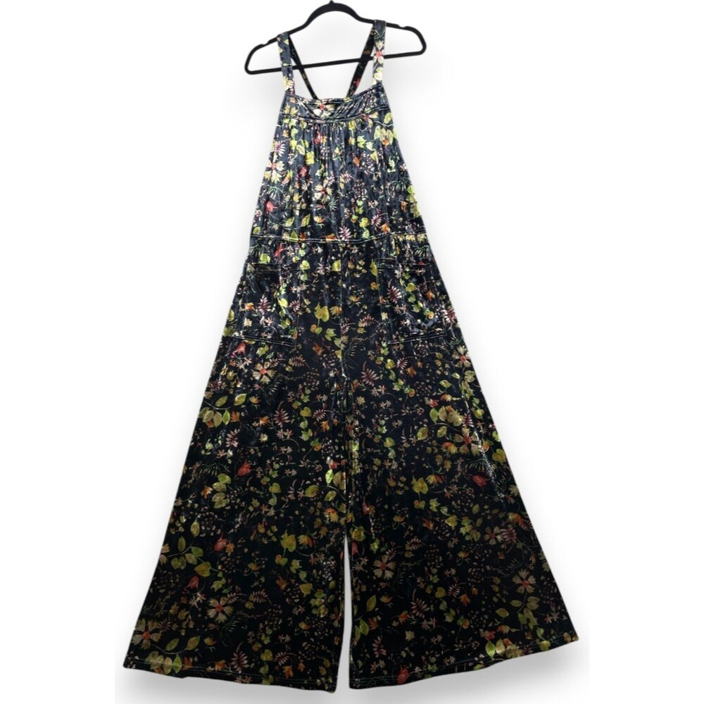 Natural Life Dakota Velvet Overalls Womens L Multicolor Floral Wide Leg Jumpsuit